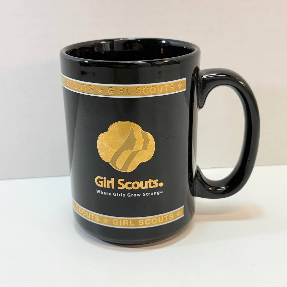 Girl Scouts Coffee Mug 14 oz Cupโ Black Gold Trefoil Eagle Crest Logo USA Made